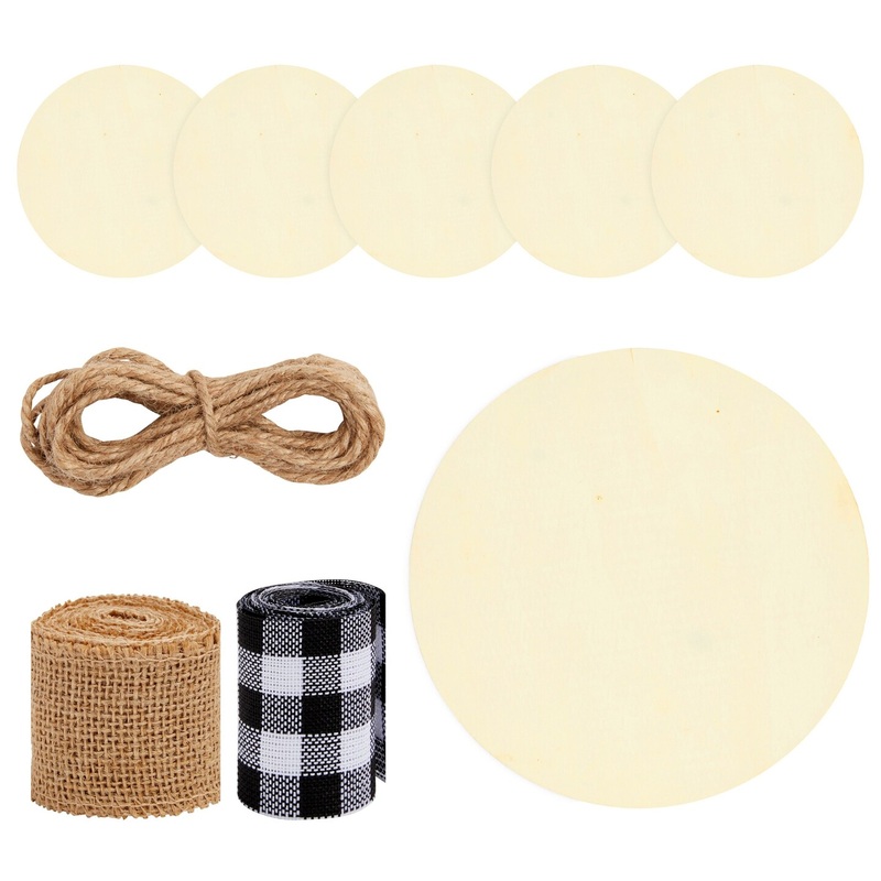 6 Pack Unfinished Wooden Disks with Ribbon and Twine for Crafts, Wood Burning, Engraving (14 Inches)