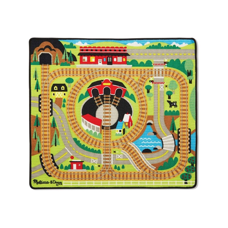 Melissa & Doug Round the Rails Train Rug Wooden Train Cars 39″ x 36″