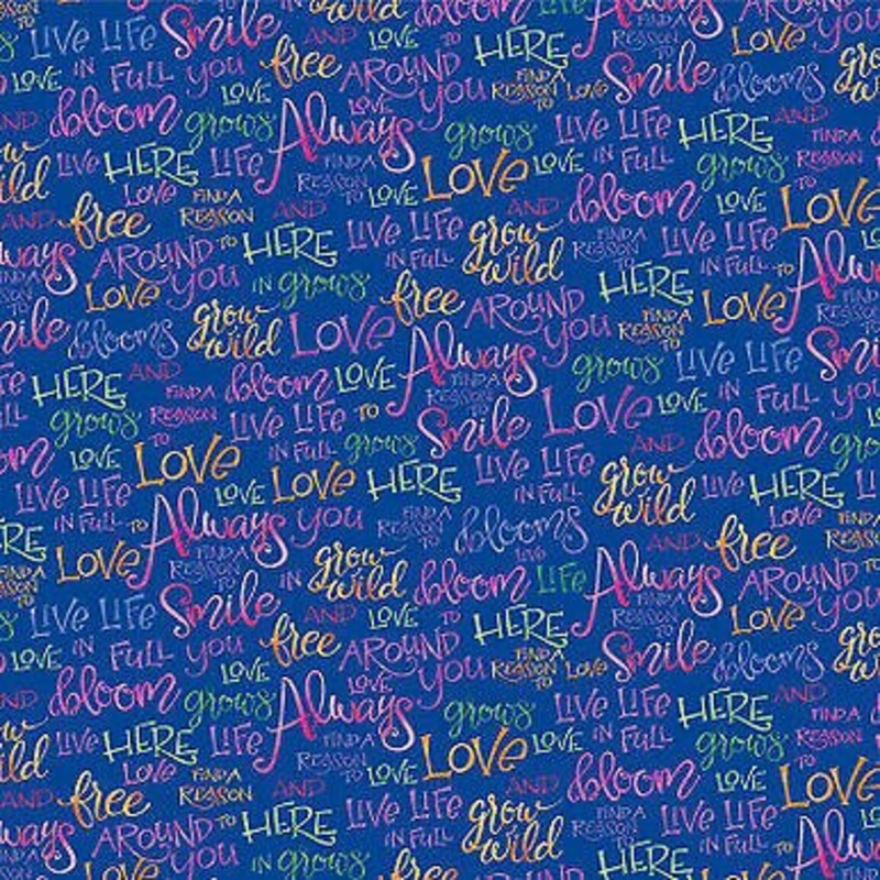 Full Bloom Floral Dark Blue Writing by P and B Textiles Cotton Fabric BTY
