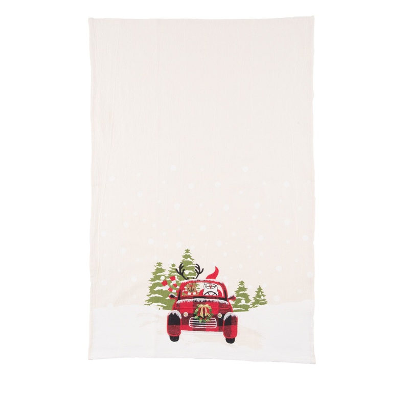27″ x 18″ Reindeer Driving Red Plaid Truck “Road Trip Friends” Christmas Winter Cotton Kitchen Dish Towel Decor Decoration