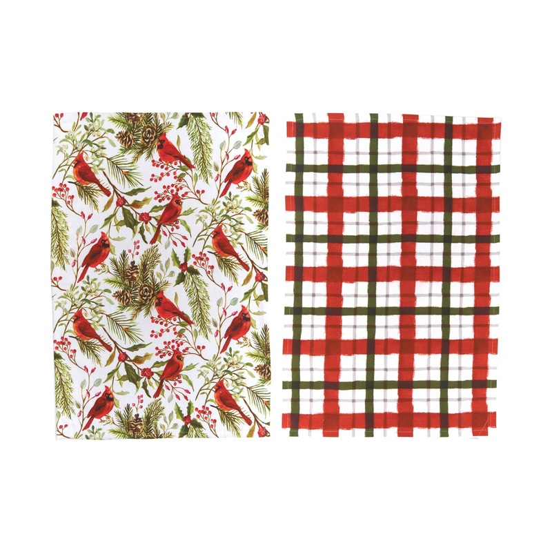 Cardinal Greenery & Plaid Printed Kitchen Towel Set of 2