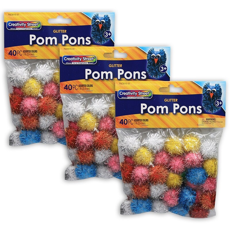 Glitter Pom Pons, Assorted Colors, 1