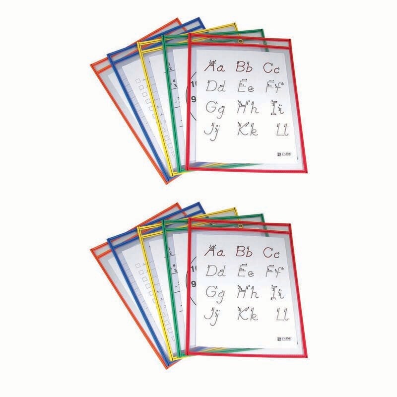 Reusable Dry Erase Pockets, Primary Colors, 9″ x 12