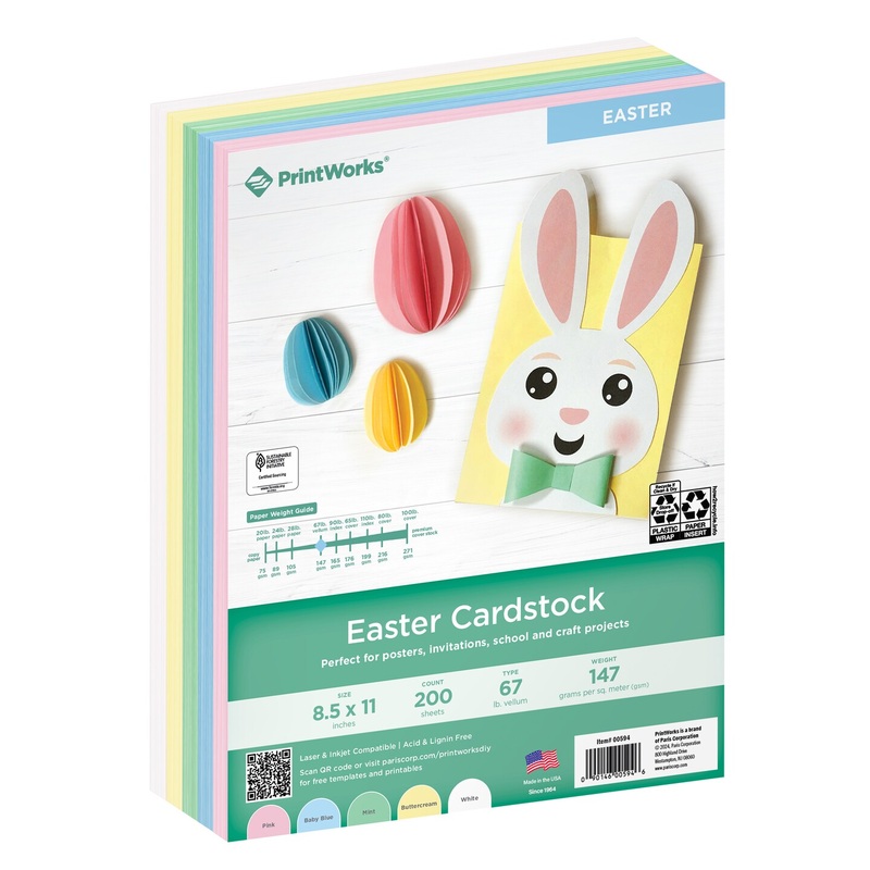 Printworks Easter Cardstock, 200 Sheets, 67lb Heavyweight Cardstock, Includes Pastel Pink, Green, Yellow, Blue, and White Cardstock, 8.5″ x 11″ (00594)