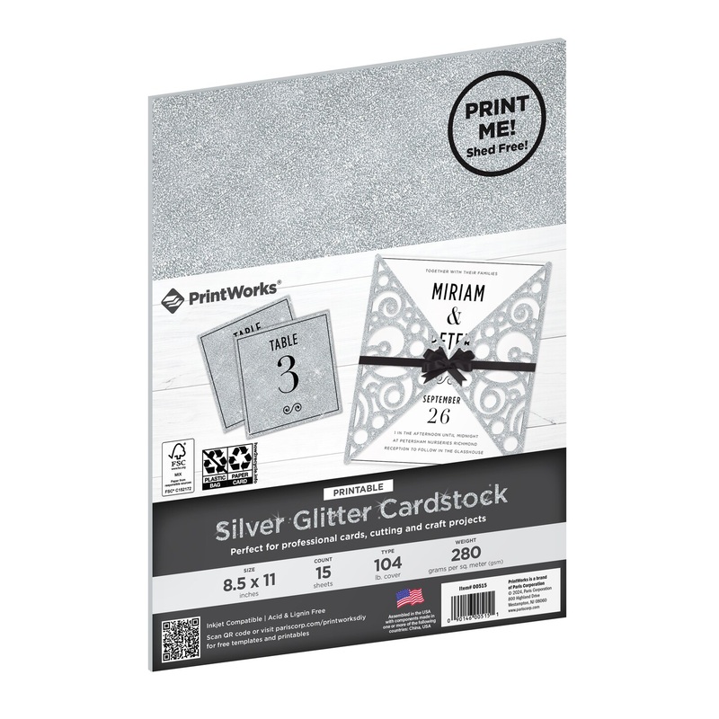 Printworks Printable Silver Glitter Cardstock, 15 Sheets, 8.5 x 11 (00515)