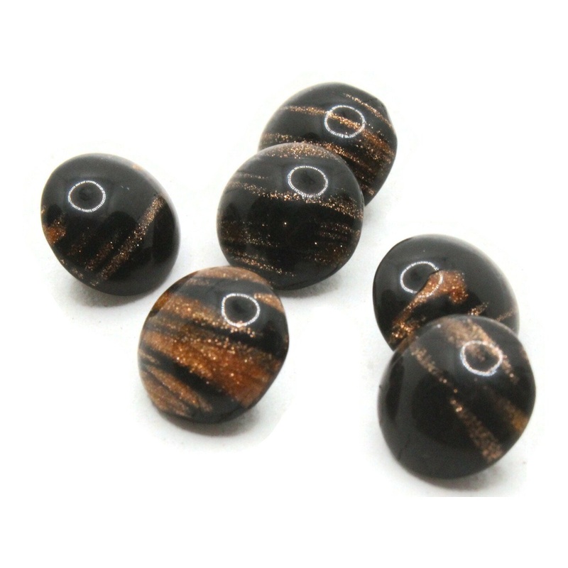 6 11mm Vintage Black and Gold Glass Shank Buttons Sewing Notions