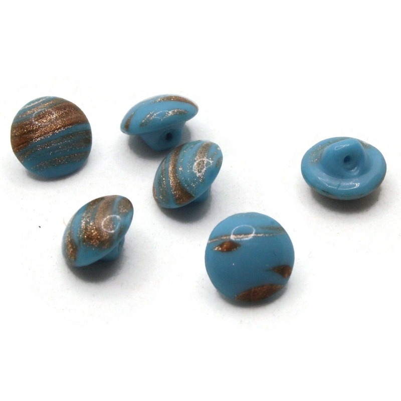 6 11mm Vintage Turquoise Blue and Gold Glass Shank Buttons Sewing Notions