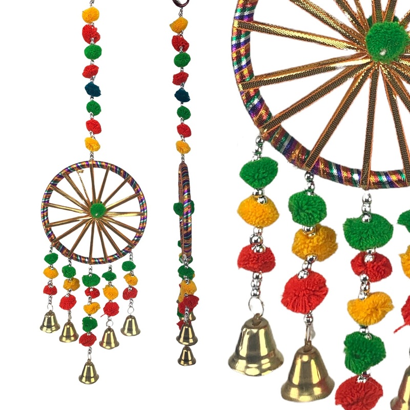 Ring Wall Hanging with Pompom Rajasthani Traditional Handicraft Wall Art Hanging Wind Chime Decorative Showpiece Diwali Gift Latkan for Home Office Decor Window Indian Housewarming Gift