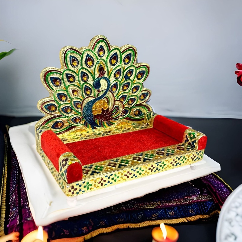 Wooden Laddu Gopal Sinhasan for Pooja Mandir Kanha Ji Singhasan Krishna Aasan for All God Janamashtami Favor Meenakari Peacock Design Singhasan Housewarming Gift