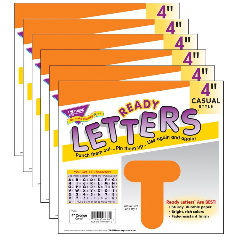 Orange 4″ Casual Uppercase Ready Letters, 6 Packs
