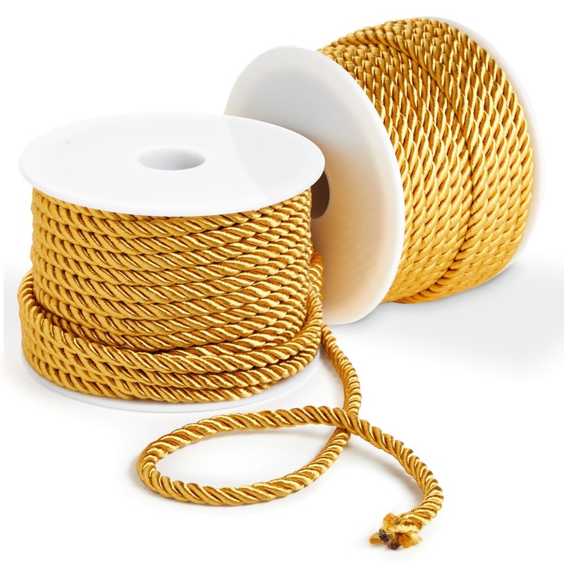 36 Total Yards 5mm Twisted Gold Cord for Crafts, Gold Rope Ribbon for Sewing, Upholstery Trim, and Household Decorations, 2 Rolls of 0.2 Inch Reinforced Polyester Cordage, 18 Yards per Roll