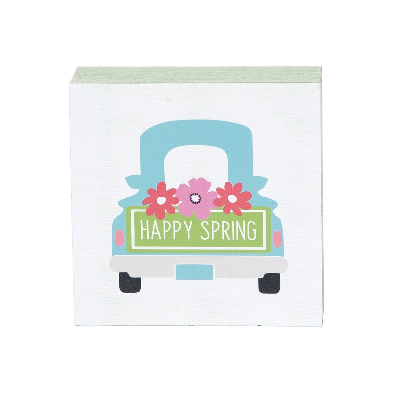 4.75″ Springtime “Happy Spring” Pickup Truck w/ Floral Flowers Decorative Wood Single Centerpiece Block