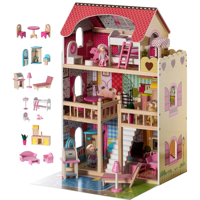 Wooden Doll House with Toys and Furniture Accessories with LED light for Ages 3