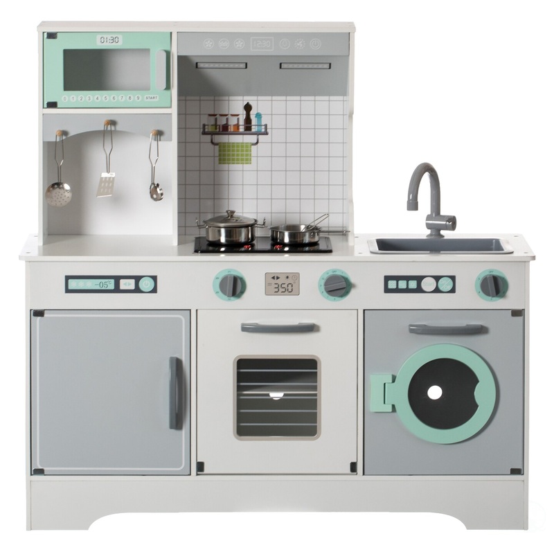 Wooden Play Kitchen Toy, Light on Microwave, Cabinet, Washer, Sound Electronic Stove, Microwave and Sink Ages 3