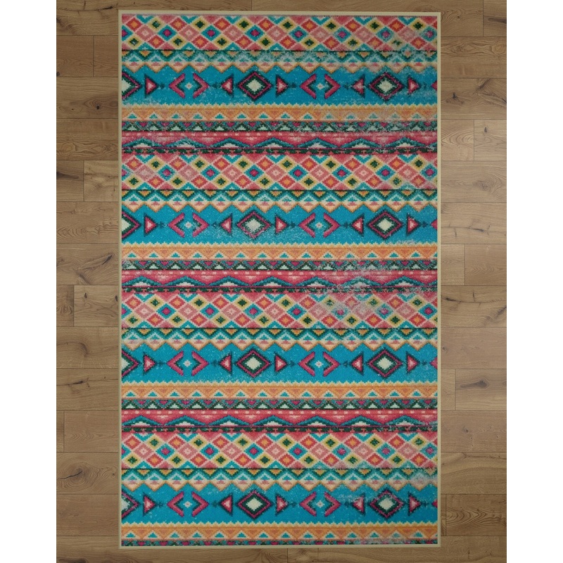 Deerlux Boho Living Room Area Rug with Nonslip Backing, Turquoise Aztec Pattern, 8 x 10 Ft Large