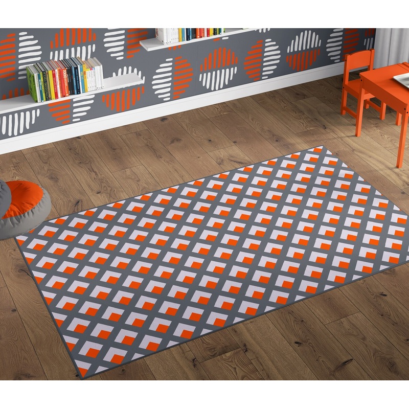 Deerlux Modern Living Room Area Rug with Nonslip Backing, Geometric Gray and Orange Trellis Pattern
