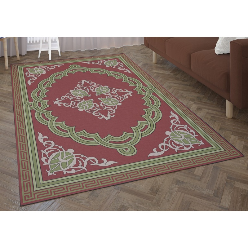Deerlux Transitional Living Room Area Rug with Nonslip Backing, Red Medallion Pattern