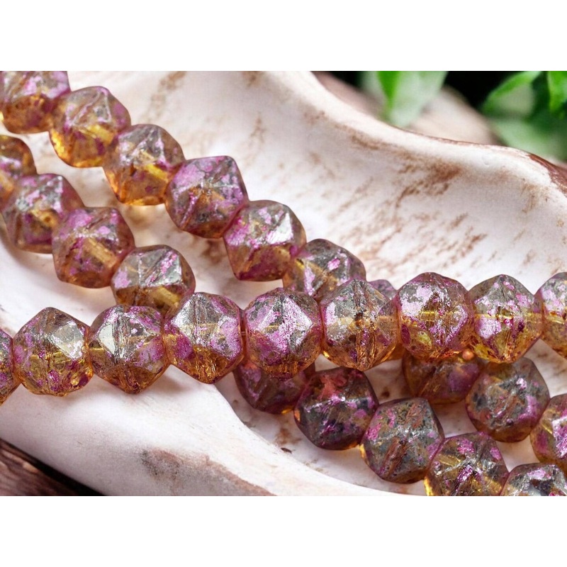 *10* 10mm Pink Washed Crystal Topaz Picasso Antique Cut Round Beads