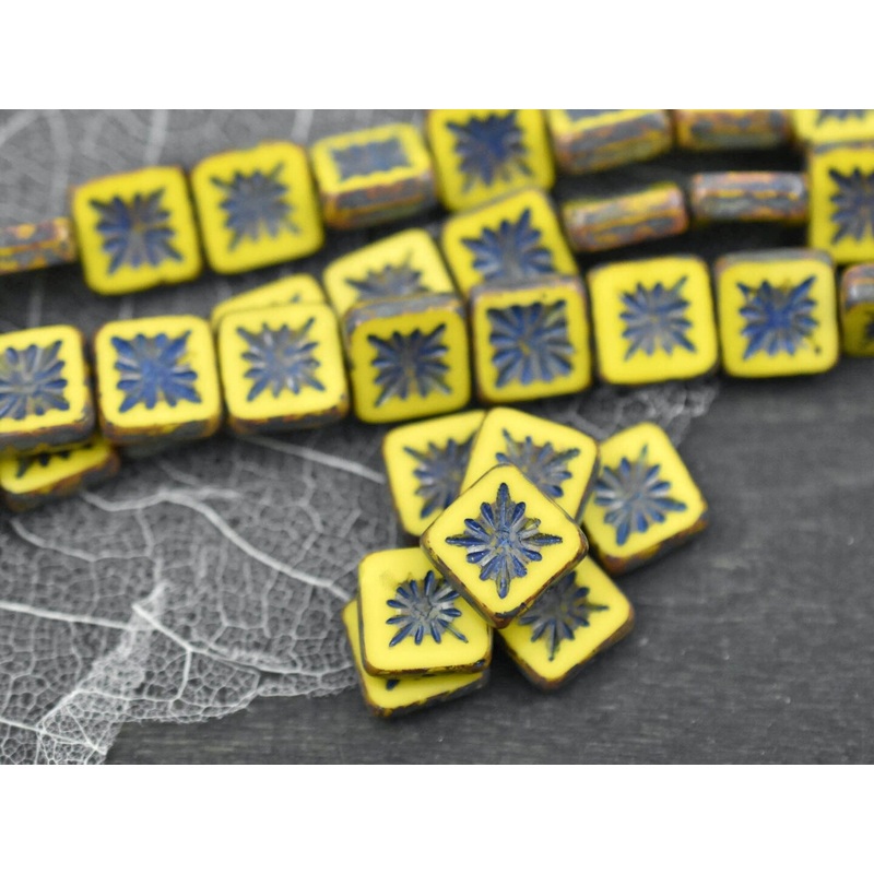 *10* 10mm Turquoise Washed Opaque Yellow Travertine Starburst Flat Square Beads