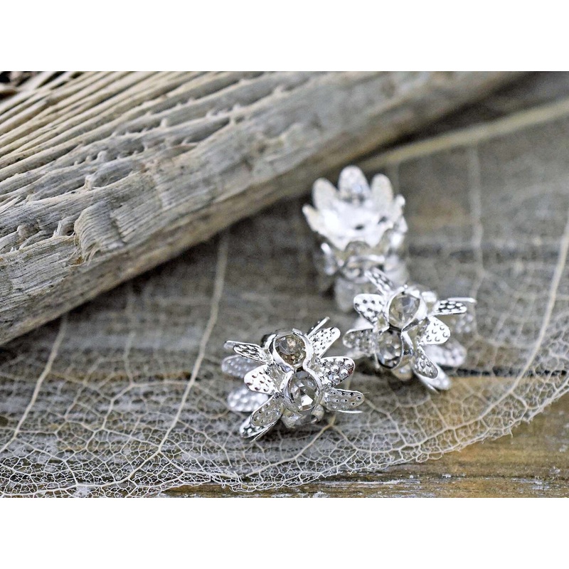 *10* 10x8mm Silver Crystal Rhinestone Double Sided Bead Caps