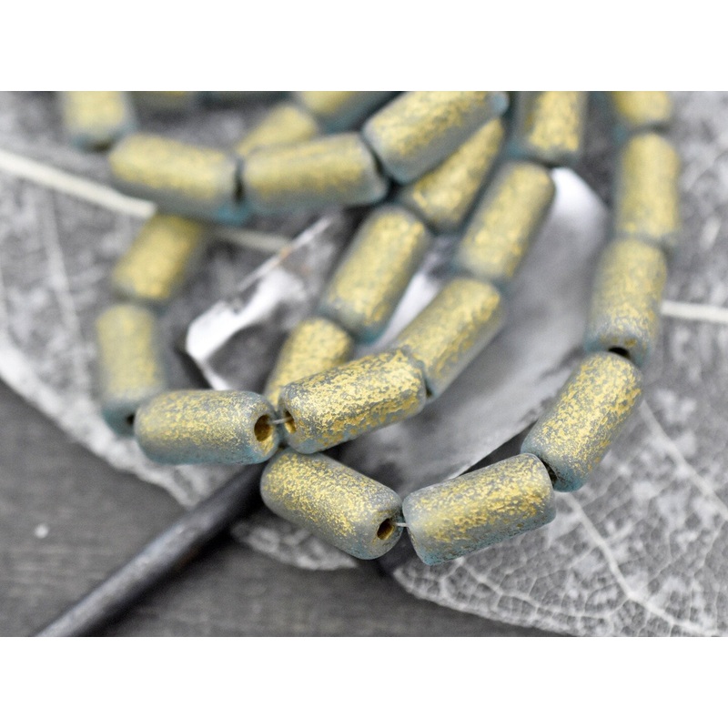 *10* 14x7mm Gold Washed Etched Sky Blue Large Hole Tube Beads