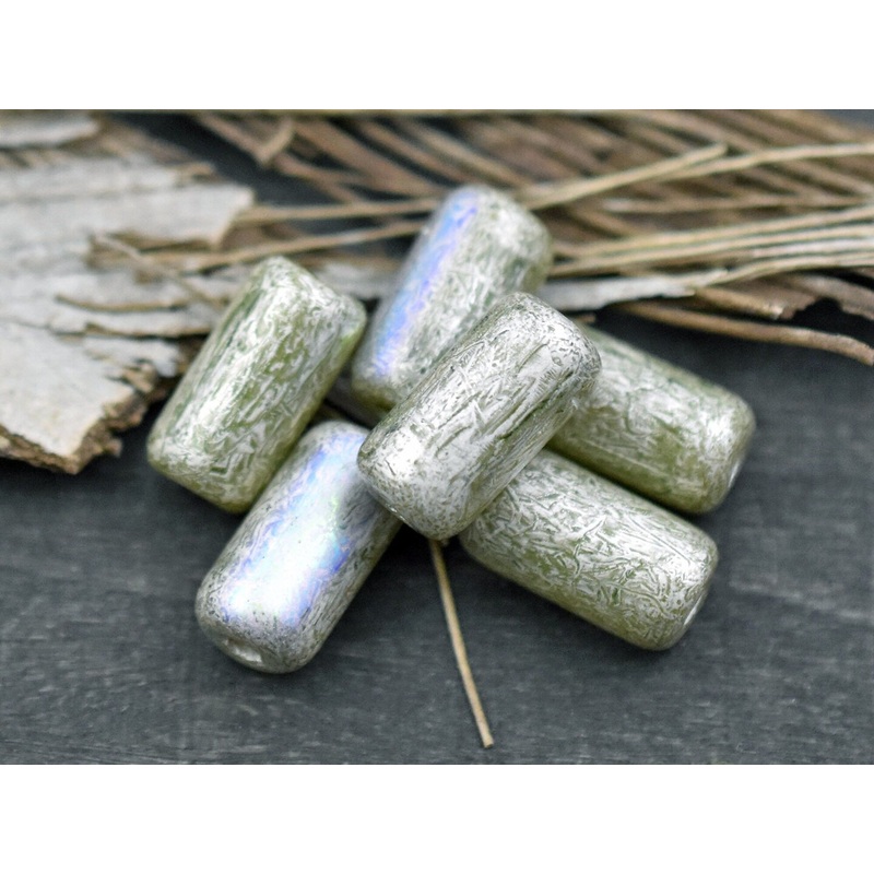 *10* 14x7mm Silver AB Washed Peridot Large Hole Tube Beads