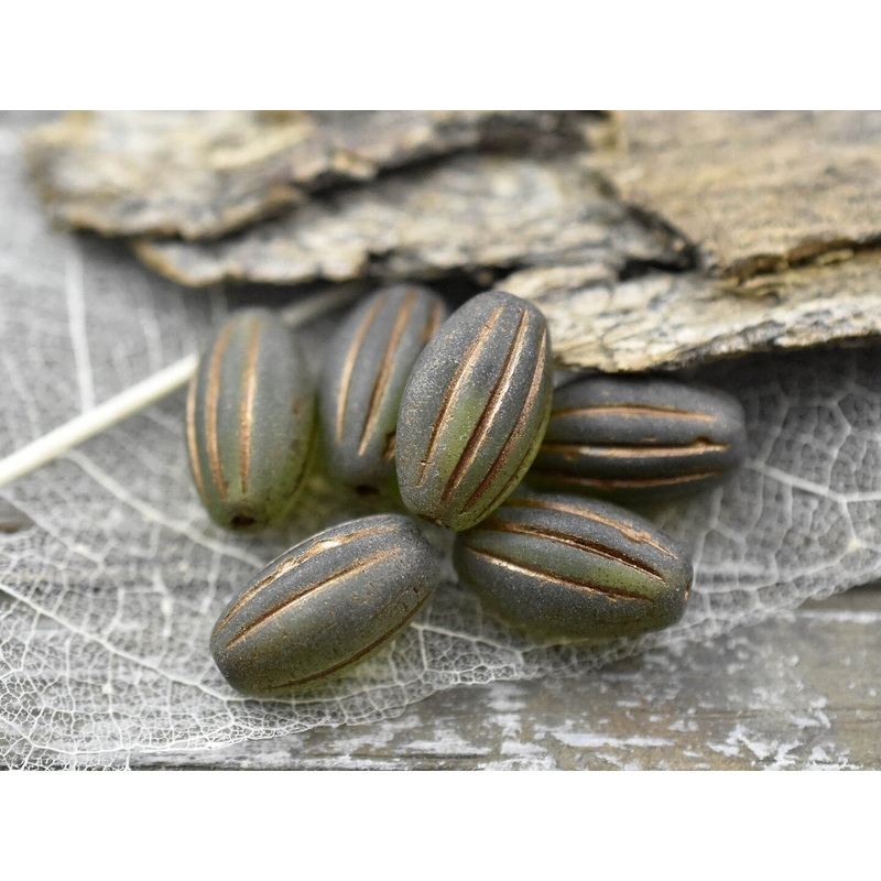 *10* 14x8mm Bronze Washed Matte Olivine Oval Melon Beads