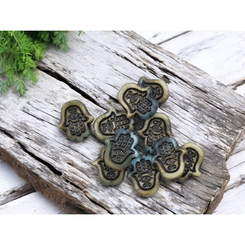 *10* 15x14mm Black Washed Matte Beige Aqua Hamsa Hand Beads