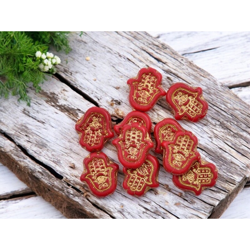 *10* 15x14mm Bronze Patina Washed Matte Red Hamsa Hand Beads