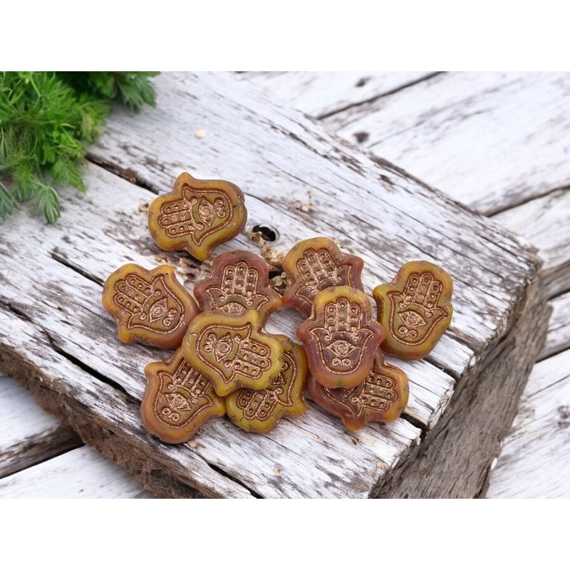 *10* 15x14mm Bronze Patina Washed Matte Varigated Orange Topaz Hamsa Hand Beads