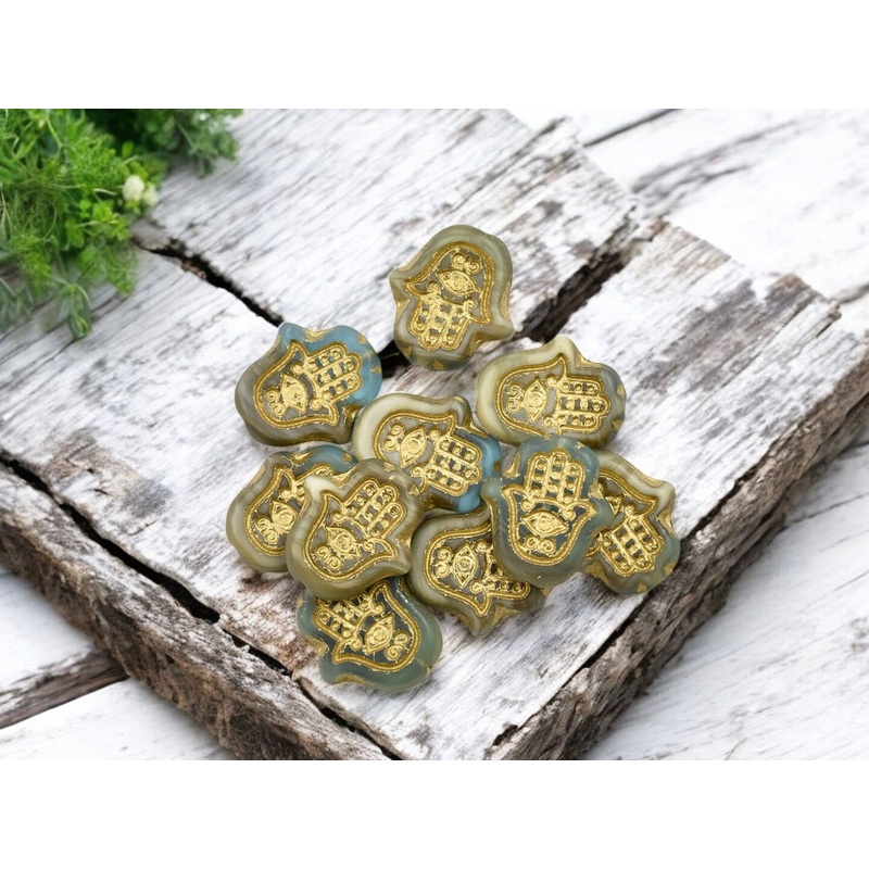 *10* 15x14mm Golden Bronze Washed Matte Beige Aqua Hamsa Hand Beads