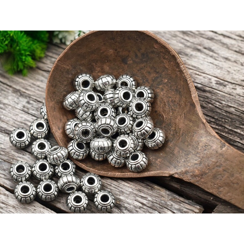 *100* 6x4mm Antique Silver Grooved Rondelle Spacer Beads