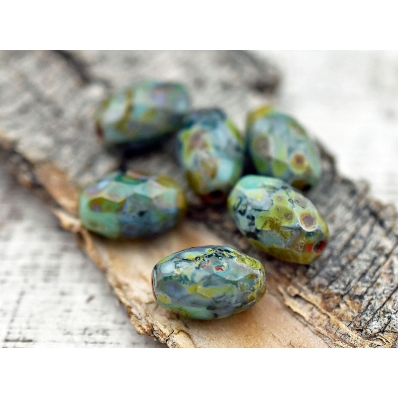 *12* 12x8mm Mottled Turquoise Picasso Fire Polished Faceted Oval Beads