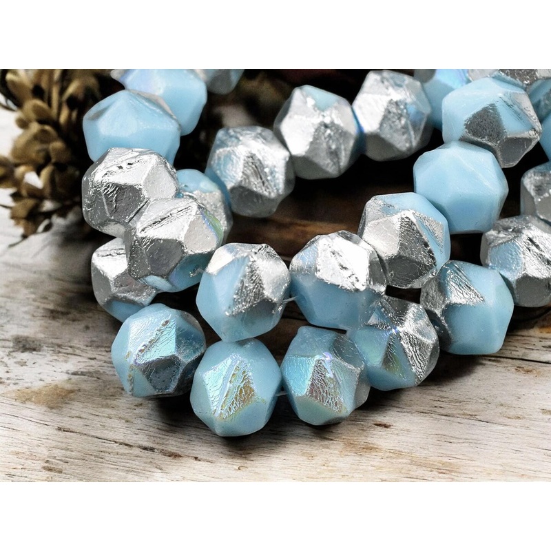 *15* 10mm Silver Washed Baby Blue Antique Cut Round Beads