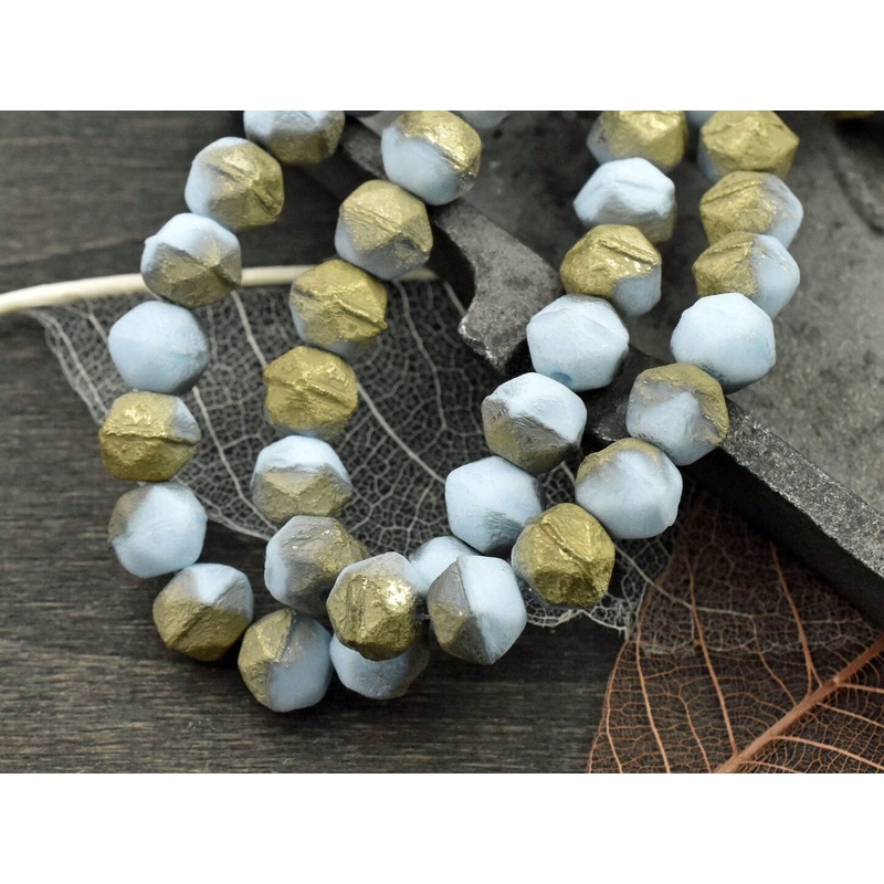 *20* 8mm Gold Washed Etched Baby Blue Cut Round Beads