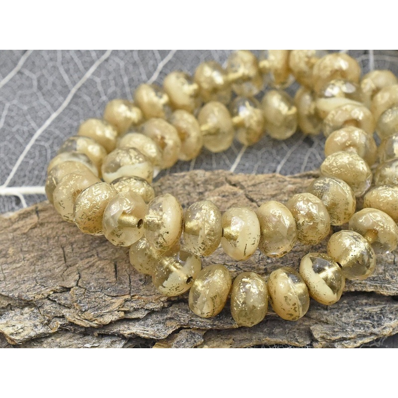 *25* 6x8mm Gold Washed Acid Etched Crystal Ivory Fire Polished Rondelle Beads