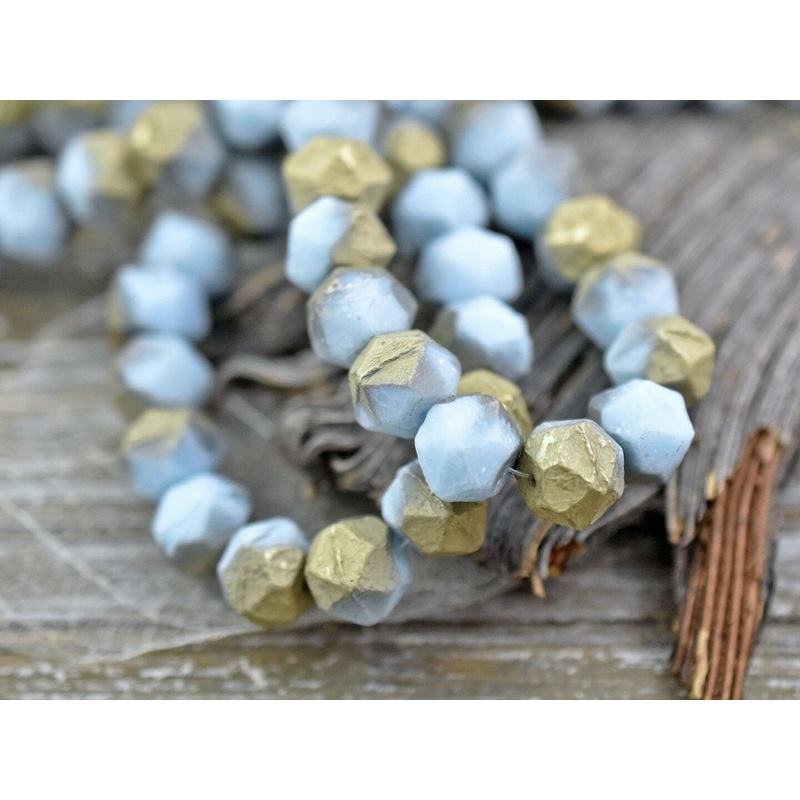 *10* 10mm Gold Etched Baby Blue  Antique Cut Round Beads