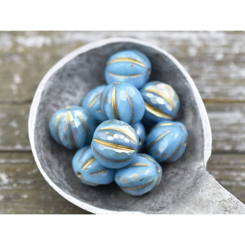 *10* 10mm Gold Washed Sky Blue AB Faceted Round Melon Beads