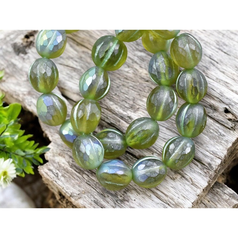 *10* 10mm Matte Peridot AB Faceted Round Melon Beads