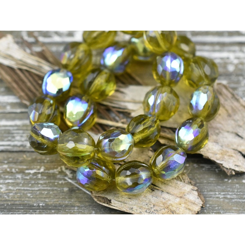 *10* 10mm Olive Green AB Faceted Round Melon Beads