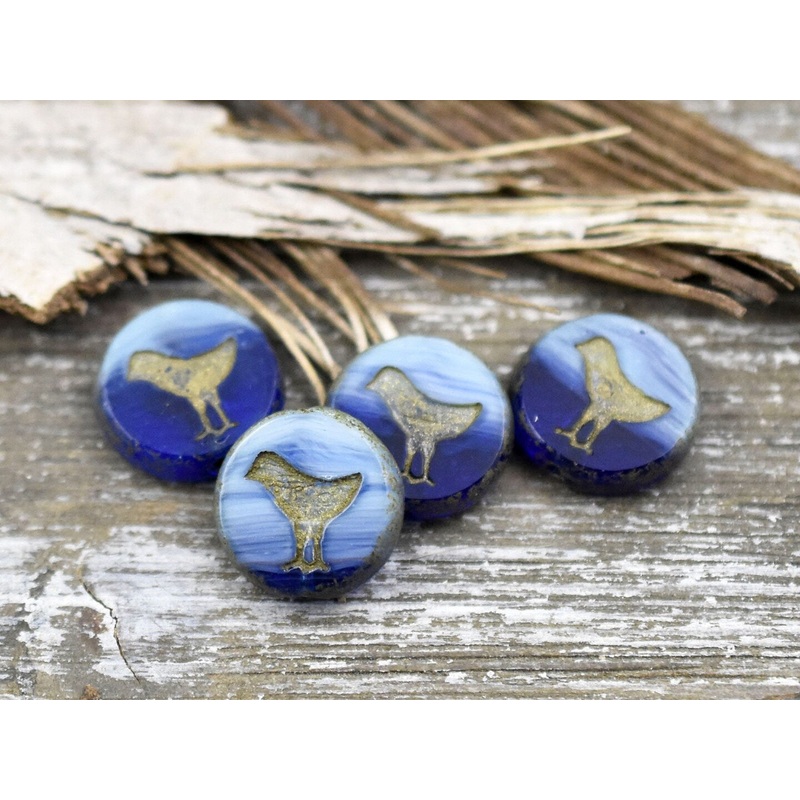 *10* 12mm Bronze Patina Washed Turquoise Cobalt Table Cut Bird Coin Beads