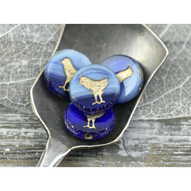 *10* 12mm Bronze Washed Turquoise Cobalt Table Cut Bird Coin Beads