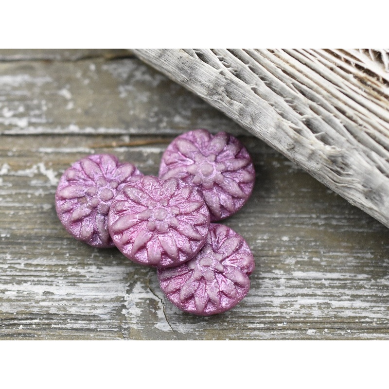 *10* 14mm Etched Metallic Pink Dahlia Coin Beads