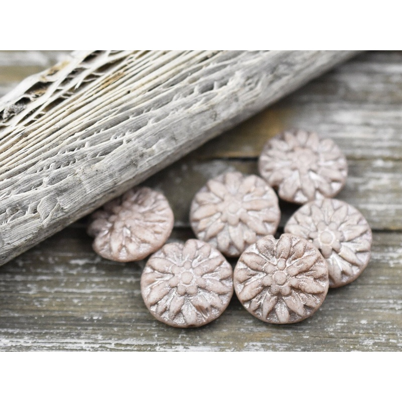 *10* 14mm Metallic Beige Washed Etched Pale Salmon Dahlia Coin Beads