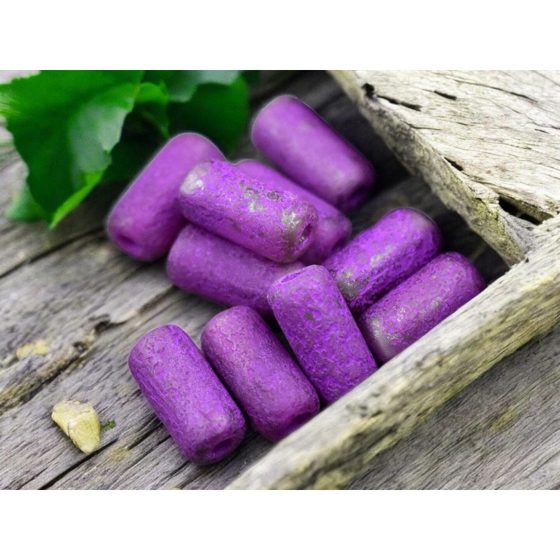 *10* 14x7mm Etched Purple Pansy Large Hole Tube Beads