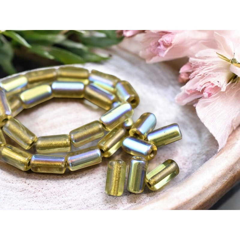 *10* 14x7mm Gold Lined Light Topaz AB Large Hole Tube Beads