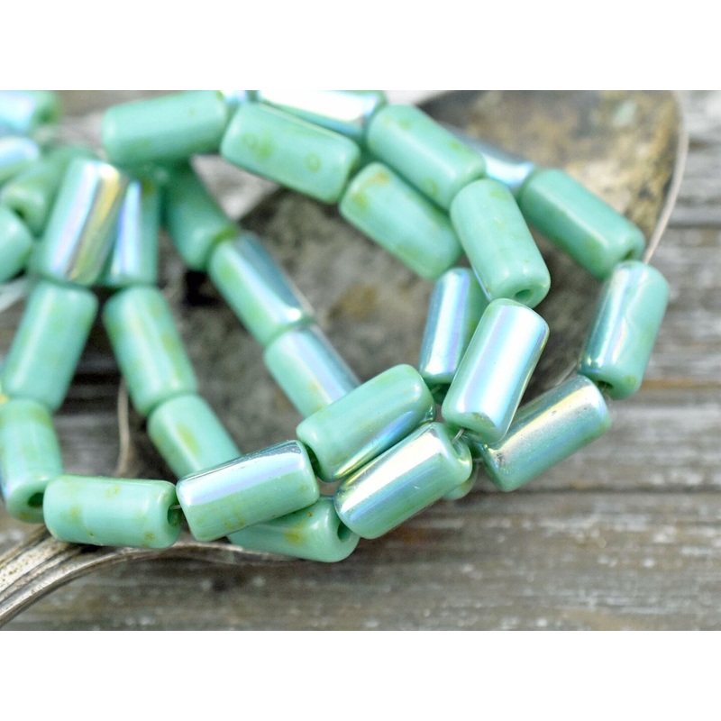 *10* 14x7mm Green Turquoise AB Large Hole Tube Beads