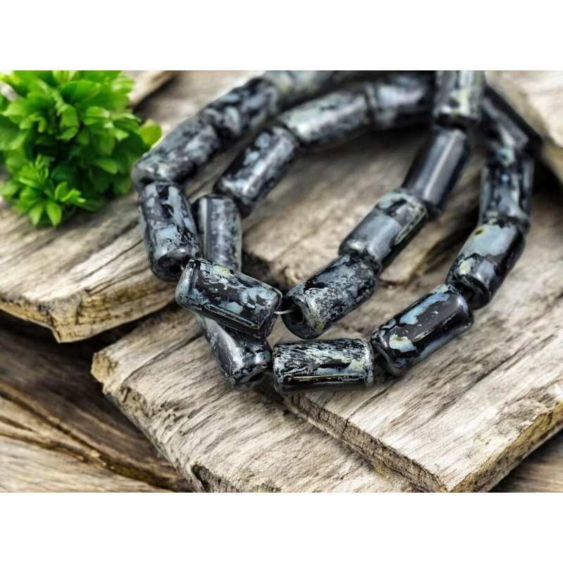 *10* 14x7mm Jet Black Picasso Large Hole Tube Beads