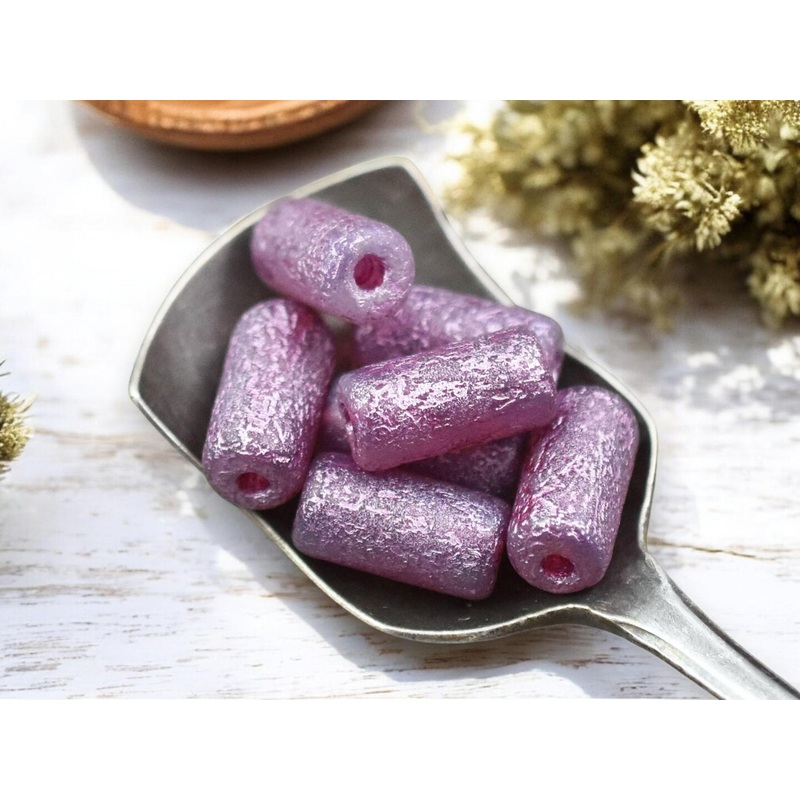 *10* 14x7mm Metallic Pink Washed Etched Crystal Large Hole Tube Beads