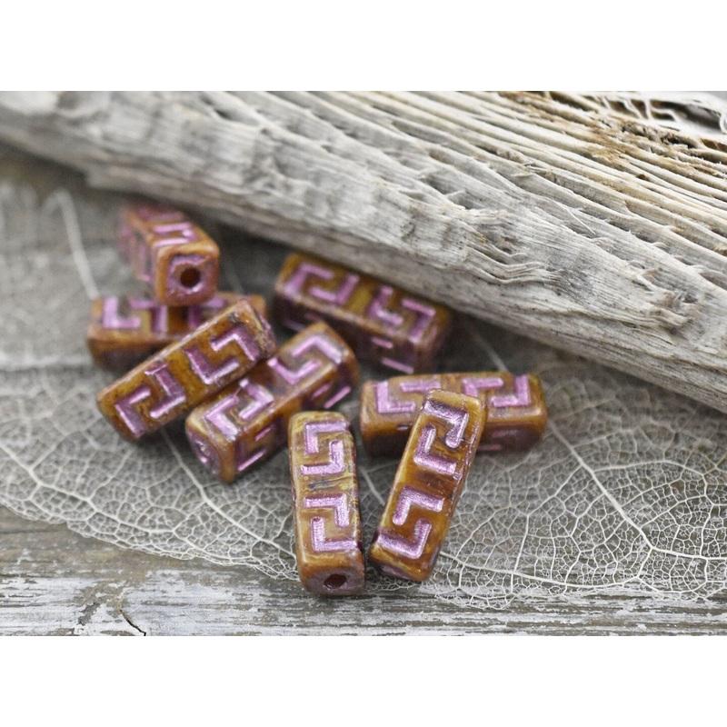 *10* 15x5mm Metallic Pink Washed Beige Picasso Celtic Block Beads